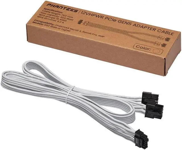 Alt view image 5 of 5 - PHANTEKS 12VHPWR 16-Pin PCIE-5 600 W Adapter Cable, 8-Pin + 8-Pin 9.2 A Termina/16 AWG- High Current Terminal connectors,Supports 40 Series Graphics Cards - White, Sales are final, no refund/exchanges