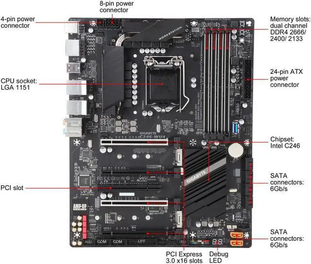 Alt view image 3 of 6 - GIGABYTE C246-WU4 LGA 1151 (300 Series) Intel C246 SATA 6Gb/s ATX Intel Motherboard