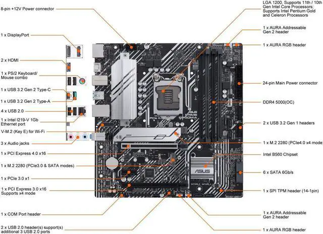 Alt view image 5 of 8 - ASUS PRIME B560M-A LGA 1200 Intel B560 SATA 6Gb/s Micro ATX Intel Motherboard