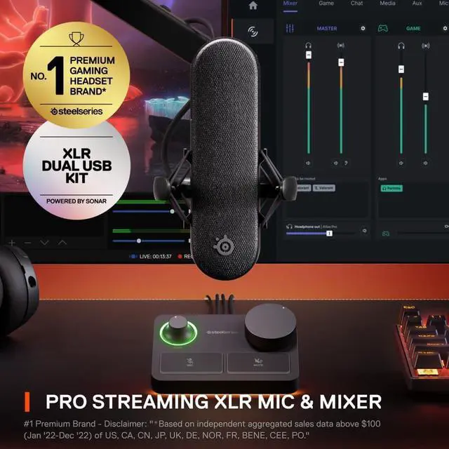 Alt view image 2 of 13 - SteelSeries Alias Pro Kit  XLR Mic + Stream Mixer  3X Bigger Capsule for Gaming, Streaming and Podcasting  USB/XLR Interface  Free Sonar Audio Software  Custom Controls  RGB  Single or Dual PC