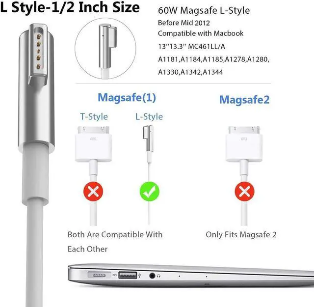 Alt view image 4 of 7 - 60W MagSafe1 L-Tip Adapter For MacBook Pro Power Charger A1184 A1330 A1344