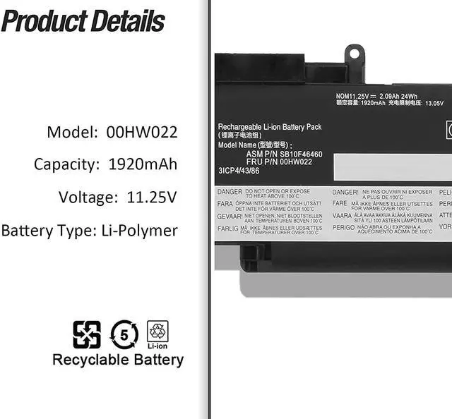 Alt view image 2 of 4 - 00HW022 SB10F46460 00HW023 SB10F46461 Battery for Lenovo ThinkPad T460s T470s Series 00HW036 SB10F46474 00HW037 SB10F46475 11.25V 24Wh 2090mAh