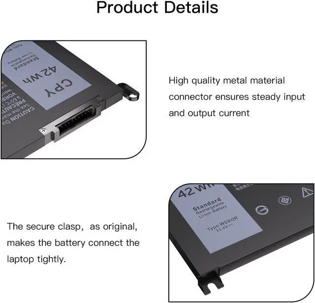 Alt view image 2 of 7 - WDXOR 3CRH3 Battery for Dell Latitude 3480 3580 3189 3379 Inspiron 15 7579 7560 7569 7570 5565 5567 5568 5570 5578 5579 7586 13 7368 7378 5368 5378 17 5765 5767 5775 P58F P75F P66F P69G WDX0R 42Wh