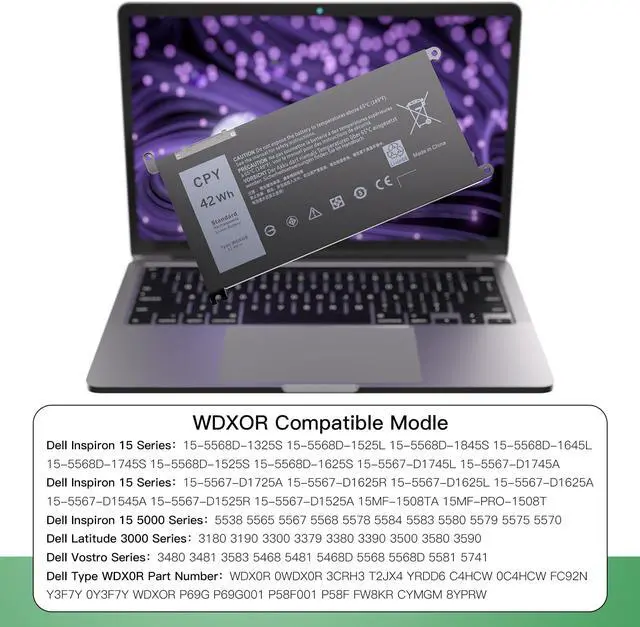 Alt view image 4 of 7 - WDXOR 3CRH3 Battery for Dell Latitude 3480 3580 3189 3379 Inspiron 15 7579 7560 7569 7570 5565 5567 5568 5570 5578 5579 7586 13 7368 7378 5368 5378 17 5765 5767 5775 P58F P75F P66F P69G WDX0R 42Wh