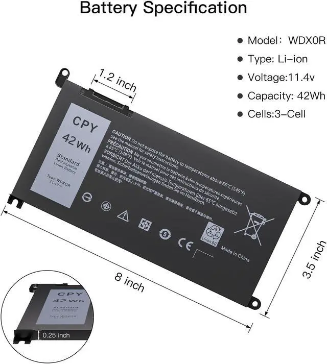 Alt view image 3 of 7 - WDXOR 3CRH3 Battery for Dell Latitude 3480 3580 3189 3379 Inspiron 15 7579 7560 7569 7570 5565 5567 5568 5570 5578 5579 7586 13 7368 7378 5368 5378 17 5765 5767 5775 P58F P75F P66F P69G WDX0R 42Wh
