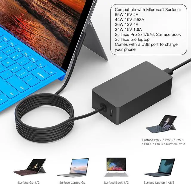Alt view image 5 of 7 - Surface Book 2 Charger,Power Supply for Microsoft Surface Book 2 Surface Book Surface Laptop Surface Pro 5 Surface Pro 4 Surface Pro 3 with 6.2ft Power Cord 102W 15V 6.33A
