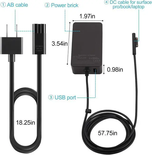 Alt view image 4 of 7 - [Upgraded Version] Surface Pro Charger 65W, Fits for Microsoft Surface Pro 7/6/5/4/3/X,Surface Laptop 1/2/3,Surface Go 1/2,Surface Book,with USB Charging Port,fit Model 1706 TG Tech