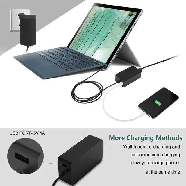 Alt view image 2 of 7 - [Upgraded Version] Surface Pro Charger 65W, Fits for Microsoft Surface Pro 7/6/5/4/3/X,Surface Laptop 1/2/3,Surface Go 1/2,Surface Book,with USB Charging Port,fit Model 1706 TG Tech