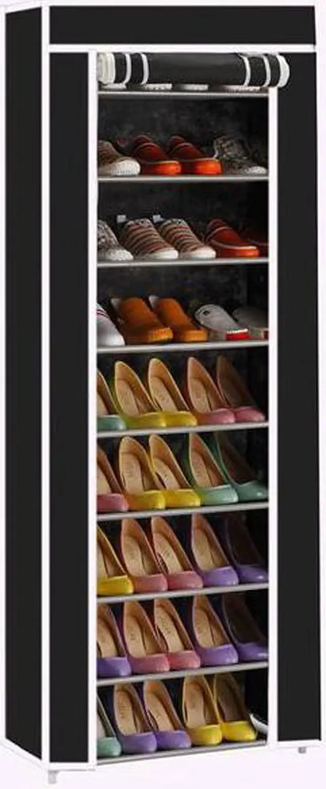 Alt view image 3 of 3 - Room-saving 10-Layers 9 Lattices Non-woven Fabric Shoe Rack Black