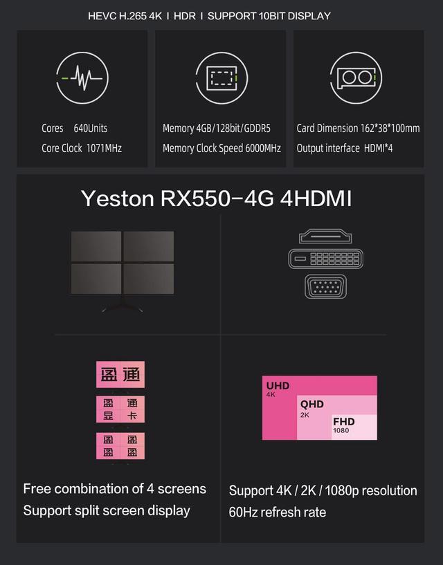 Alt view image 10 of 14 - Yeston AMD Video Card Radeon RX550 4G D5 LP Gaming Graphics Card GPU, 4G/128bit/GDDR5 PCI-Express 3.0x8 DirectX 12,DVI+HDMI+VGA Desktop Graphics Card (HTPC ITX is compatible)