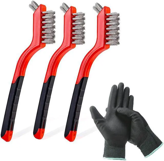 Main image of Aimeixin 3 Pcs 7-inch Wire Brush Set - Nylon/Brass/Stainless Steel Brushes Head with Curved Handle Grip PU Nylon Coated Gloves for Rust, Dirt & Paint Scrubbing (3PCS-Stainless Steel)