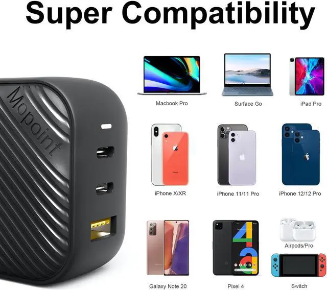 Alt view image 6 of 6 - Mopoint 65W GaN USB-C Charger GaN Type-C Charger with Foldable US Plug, 3-Port PD Fast Wall Charger Adapter with UK/EU/AU Travel Adapters, for MacBook USB-C Laptops iPad Pro iPhone Galaxy and More
