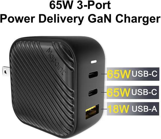 Alt view image 4 of 6 - Mopoint 65W GaN USB-C Charger GaN Type-C Charger with Foldable US Plug, 3-Port PD Fast Wall Charger Adapter with UK/EU/AU Travel Adapters, for MacBook USB-C Laptops iPad Pro iPhone Galaxy and More