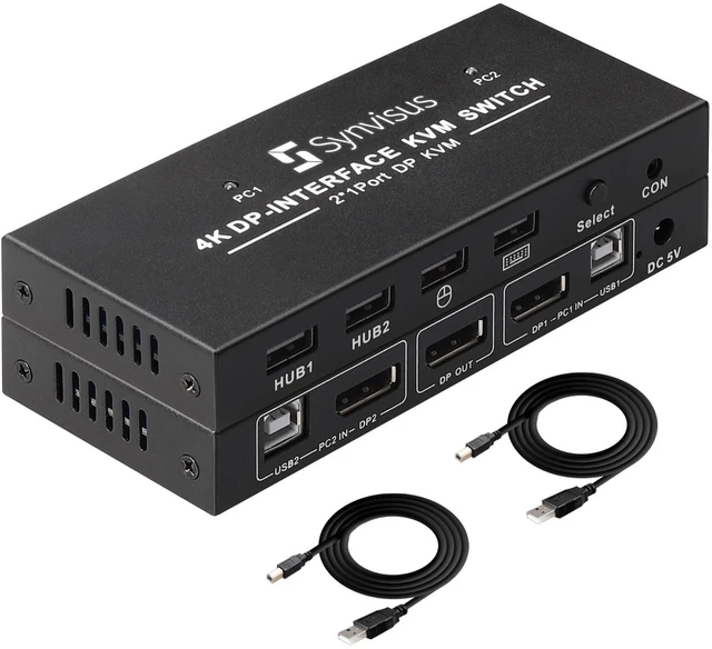 Main image of Synvisus DisplayPort KVM Switch 2 Port 4K@60Hz 2 In 1 Out DP 1.2 and USB Switch for 2 Computers Share 1 Keyboard Mouse Monitor for Laptop, PC Supports with 4 USB 2.0 Ports, 2 USB KVM Cables 1.5m(5ft)