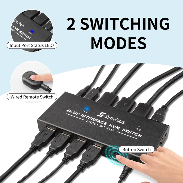 Alt view image 4 of 6 - Synvisus DisplayPort KVM Switch 2 Port 4K@60Hz 2 In 1 Out DP 1.2 and USB Switch for 2 Computers Share 1 Keyboard Mouse Monitor for Laptop, PC Supports with 4 USB 2.0 Ports, 2 USB KVM Cables 1.5m(5ft)