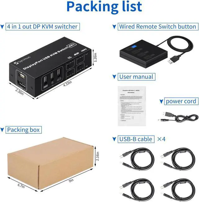 Alt view image 7 of 7 - Synvisus 4 Port DisplayPort KVM Switch 3D UHD 4K@60Hz 4 In 1 Out USB and DP KVM Switcher For 4 PCs Share Keyboard Mouse Monitor and USB 2.0 Devices, With 4 USB Cables