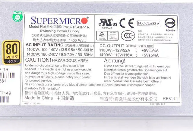 Alt view image 4 of 4 - Genuine SuperMicro PWS-1K41P-1R 1400W Watt High Efficiency Hot Swap Power Supply
