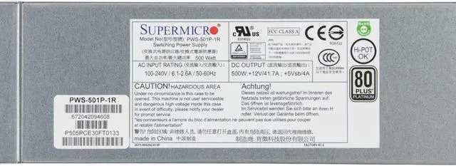 Alt view image 3 of 3 - PWS-501P-1R SuperMicro 80 Plus Paltinum 500W Power Supply