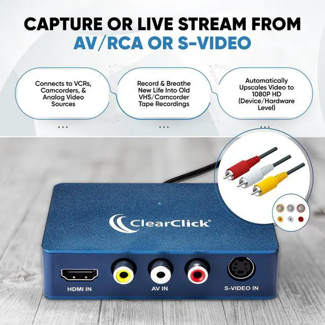 Alt view image 5 of 7 - ClearClick Video to USB 1080P Audio Video Capture & Live Streaming Device - Input HDMI, AV, RCA, S-Video, VCR, VHS, Camcorder, Video8, Hi8, DVD, Gaming Systems - USB-C Plug & Play