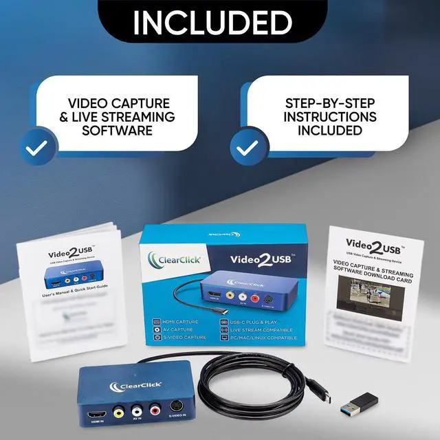 Alt view image 7 of 7 - ClearClick Video to USB 1080P Audio Video Capture & Live Streaming Device - Input HDMI, AV, RCA, S-Video, VCR, VHS, Camcorder, Video8, Hi8, DVD, Gaming Systems - USB-C Plug & Play