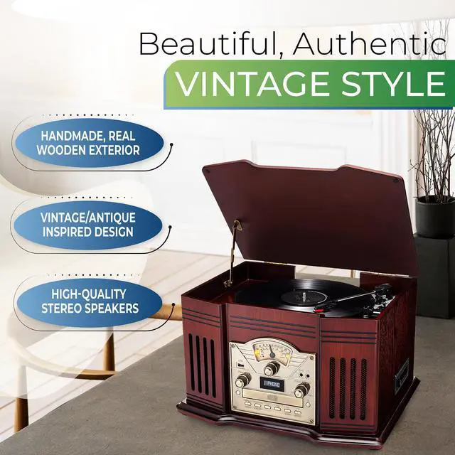 Alt view image 2 of 6 - ClearClick All-in-One Turntable with 3-Speed Record Player, Bluetooth, CD, Cassette Tape, AM/FM Radio, Aux, USB, Built-in Speakers, Handmade Wooden Exterior