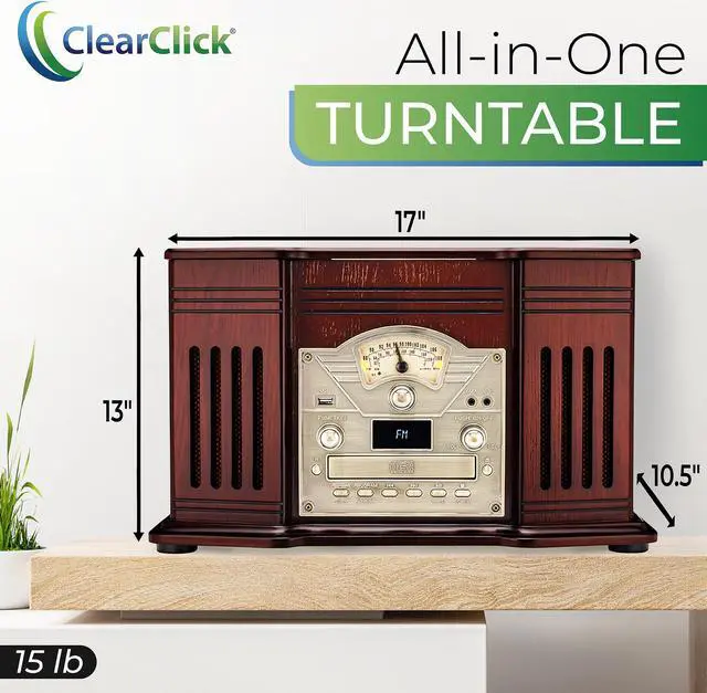 Alt view image 3 of 6 - ClearClick All-in-One Turntable with 3-Speed Record Player, Bluetooth, CD, Cassette Tape, AM/FM Radio, Aux, USB, Built-in Speakers, Handmade Wooden Exterior