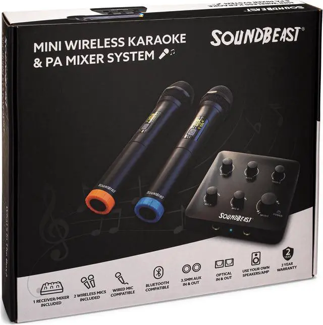 Alt view image 6 of 6 - SoundBeast Wireless Karaoke & PA Mixer System - Includes 2 Wireless Microphones & 1 Mini Mixer - Bluetooth, Aux, Optical Input - Optical & Aux Output