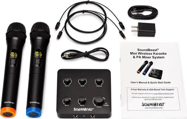 Alt view image 5 of 6 - SoundBeast Wireless Karaoke & PA Mixer System - Includes 2 Wireless Microphones & 1 Mini Mixer - Bluetooth, Aux, Optical Input - Optical & Aux Output
