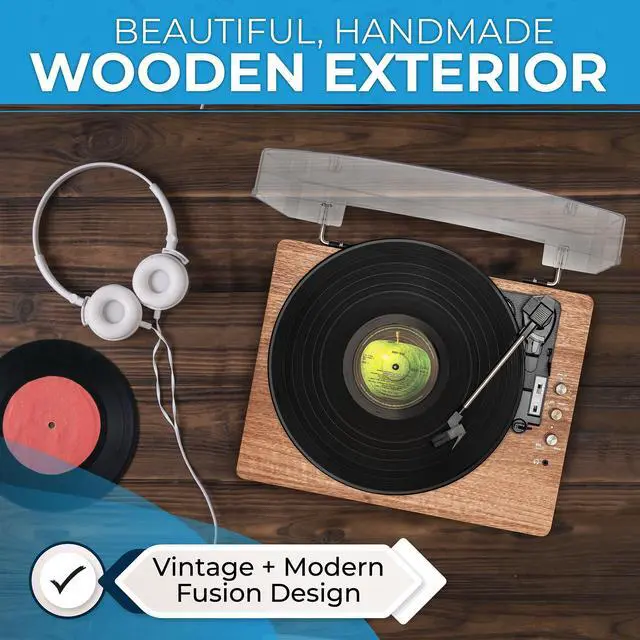 Alt view image 2 of 6 - SoundBeast Retro Wooden Turntable with 3 Speed Vinyl Record Player, Built-in Stereo Speakers, Bluetooth, Aux in, USB Playback, & USB Recording to MP3