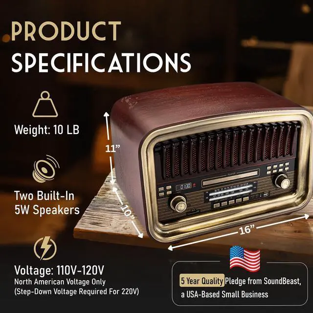 Alt view image 6 of 6 - SoundBeast All-in-One AM/FM Radio with CD Player, Bluetooth Input, USB Playback & Recording, SD Card Playback, Aux Input, Built-in Speakers, Handmade Wooden Exterior