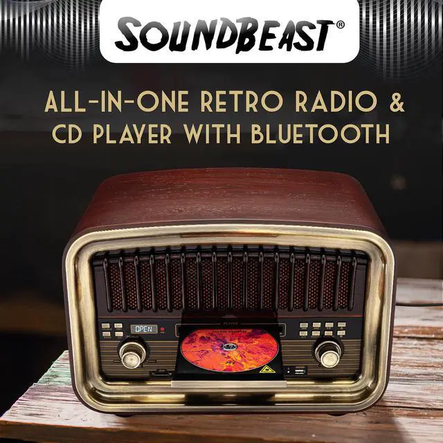 Alt view image 2 of 6 - SoundBeast All-in-One AM/FM Radio with CD Player, Bluetooth Input, USB Playback & Recording, SD Card Playback, Aux Input, Built-in Speakers, Handmade Wooden Exterior