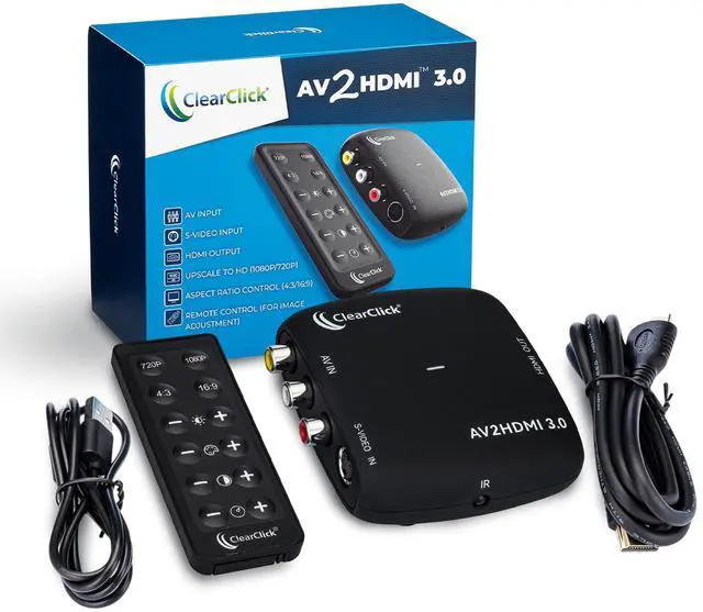Main image of ClearClick AV To HDMI Converter 3.0 (Third Generation) - 1080P RCA or S-Video to HDMI Upscaler - With Remote Control for Image Adjustment - VHS, VCR, Camcorder, DVD, TV, Gaming Systems, PAL, NTSC
