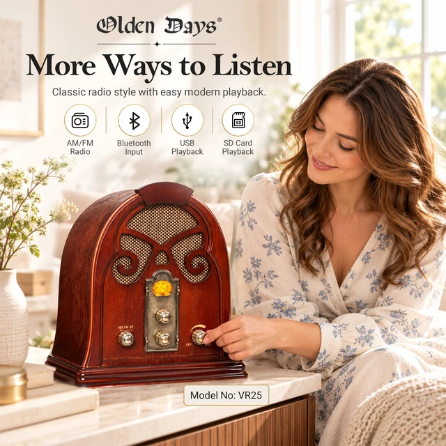 Alt view image 2 of 7 - Olden Days Retro Wooden AM/FM Radio | Bluetooth Input & USB/SD Playback | Real Wooden Exterior | Authentic Vintage Style