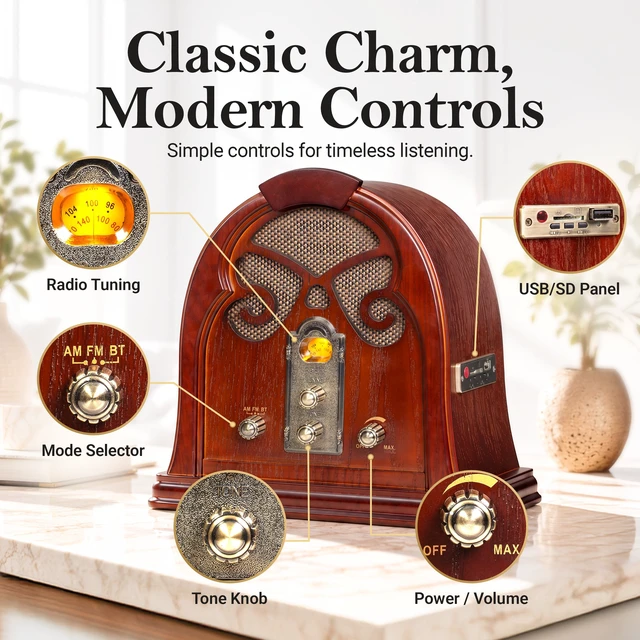 Alt view image 3 of 7 - Olden Days Retro Wooden AM/FM Radio | Bluetooth Input & USB/SD Playback | Real Wooden Exterior | Authentic Vintage Style