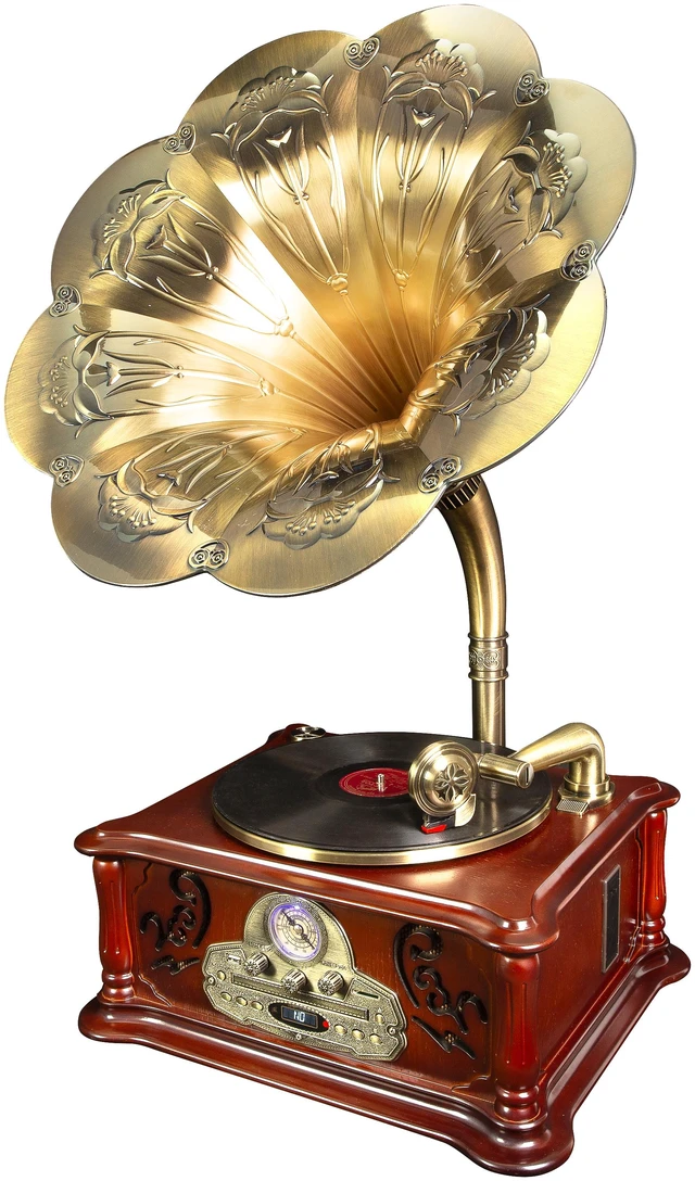 Main image of Olden Days All-in-One Record Player | Authentic Vintage Style | Bluetooth Input | CD Player | AM/FM Radio | USB/SD Playback | Speakers & Horn | Handmade Real Wood Exterior