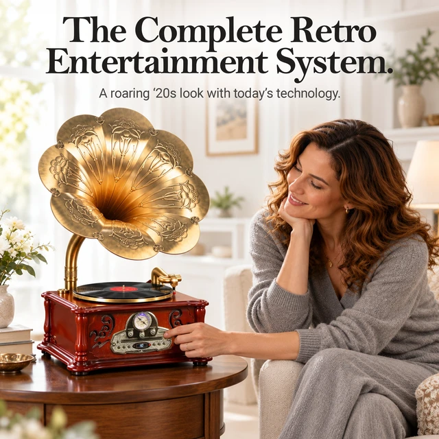 Alt view image 5 of 7 - Olden Days All-in-One Record Player | Authentic Vintage Style | Bluetooth Input | CD Player | AM/FM Radio | USB/SD Playback | Speakers & Horn | Handmade Real Wood Exterior