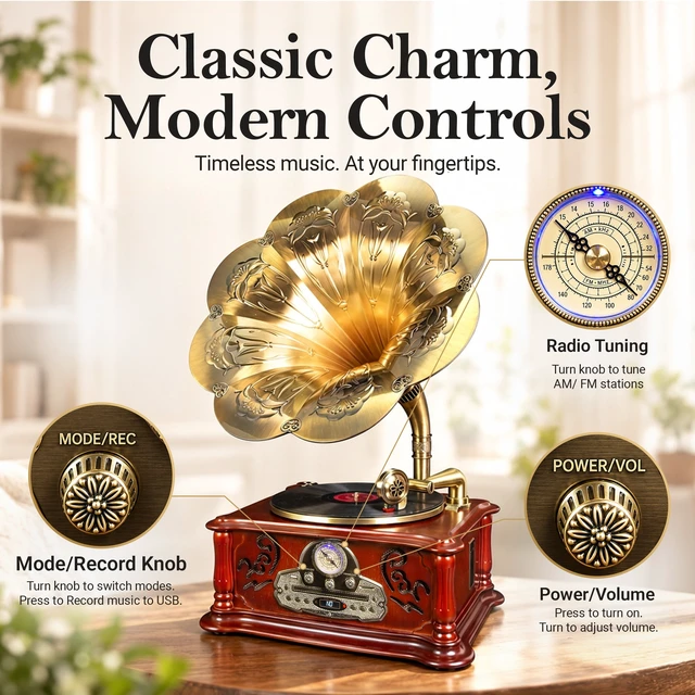 Alt view image 3 of 7 - Olden Days All-in-One Record Player | Authentic Vintage Style | Bluetooth Input | CD Player | AM/FM Radio | USB/SD Playback | Speakers & Horn | Handmade Real Wood Exterior