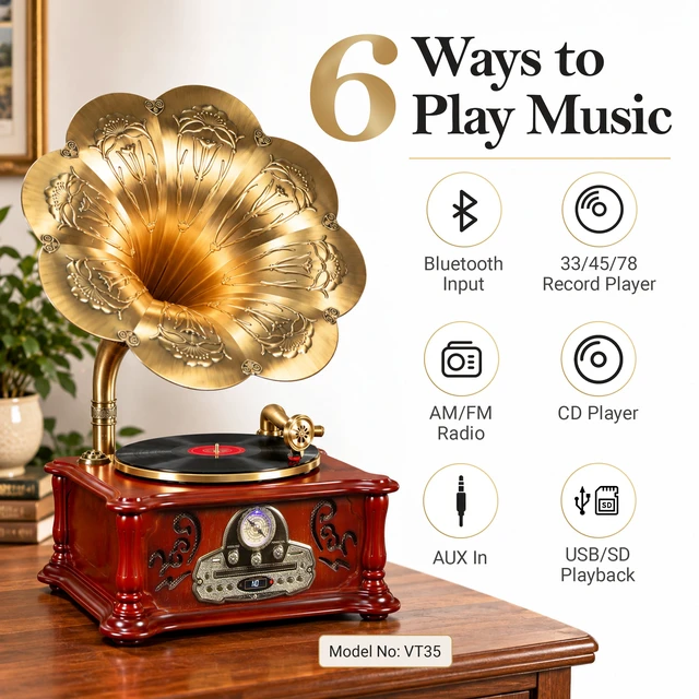 Alt view image 2 of 7 - Olden Days All-in-One Record Player | Authentic Vintage Style | Bluetooth Input | CD Player | AM/FM Radio | USB/SD Playback | Speakers & Horn | Handmade Real Wood Exterior
