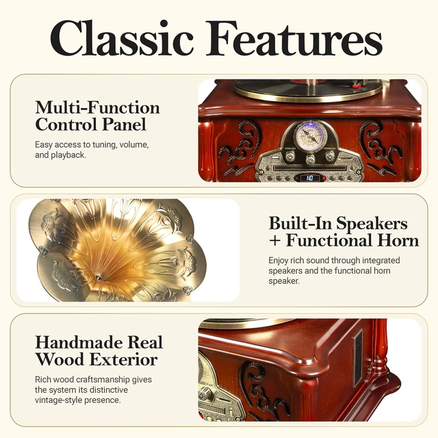 Alt view image 4 of 7 - Olden Days All-in-One Record Player | Authentic Vintage Style | Bluetooth Input | CD Player | AM/FM Radio | USB/SD Playback | Speakers & Horn | Handmade Real Wood Exterior