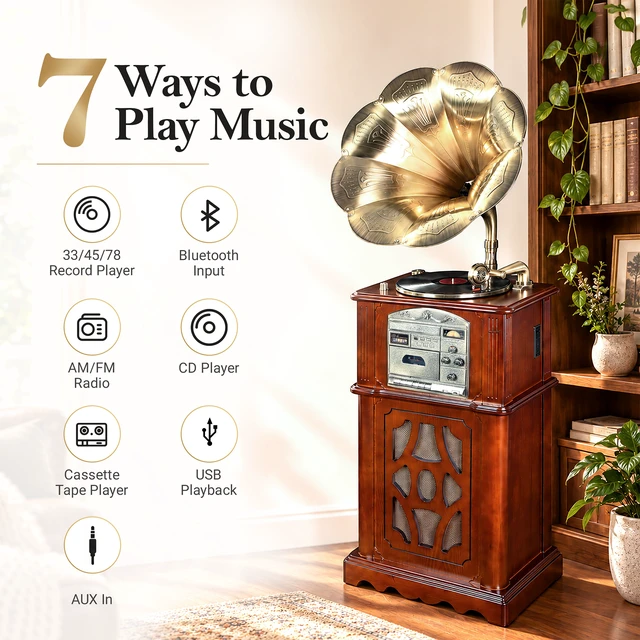 Alt view image 3 of 7 - Olden Days All-in-One Record Player | Authentic Vintage Style | Bluetooth Input | CD Player | Cassette Tape Player | AM/FM Radio | USB Playback | Speakers & Horn | Handmade Real Wood Exterior