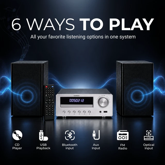 Alt view image 3 of 7 - SoundBeast CD Player Radio Stereo Shelf System with Two 30W Bookshelf Speakers | Bluetooth, Optical, & Aux Input | FM Radio | USB Playback | Alarm Clock | Remote Control