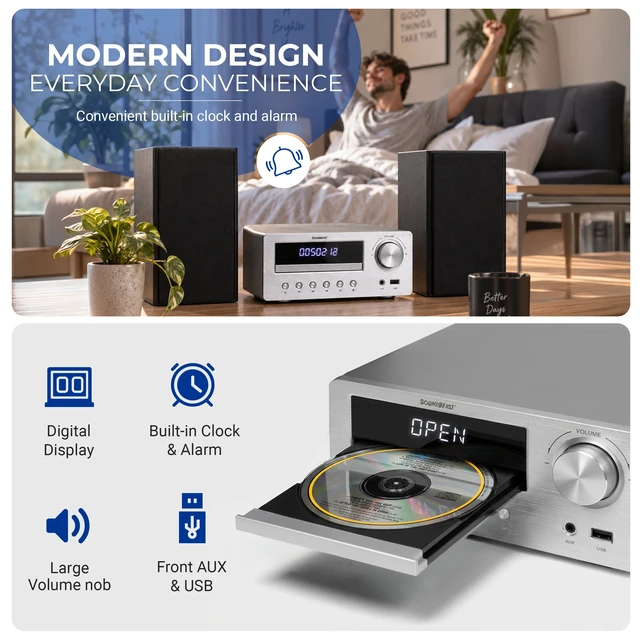 Alt view image 5 of 7 - SoundBeast CD Player Radio Stereo Shelf System with Two 30W Bookshelf Speakers | Bluetooth, Optical, & Aux Input | FM Radio | USB Playback | Alarm Clock | Remote Control