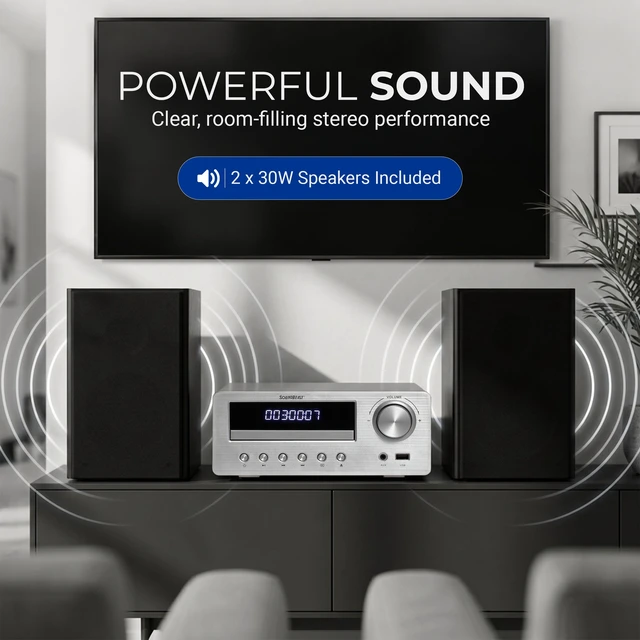 Alt view image 2 of 7 - SoundBeast CD Player Radio Stereo Shelf System with Two 30W Bookshelf Speakers | Bluetooth, Optical, & Aux Input | FM Radio | USB Playback | Alarm Clock | Remote Control