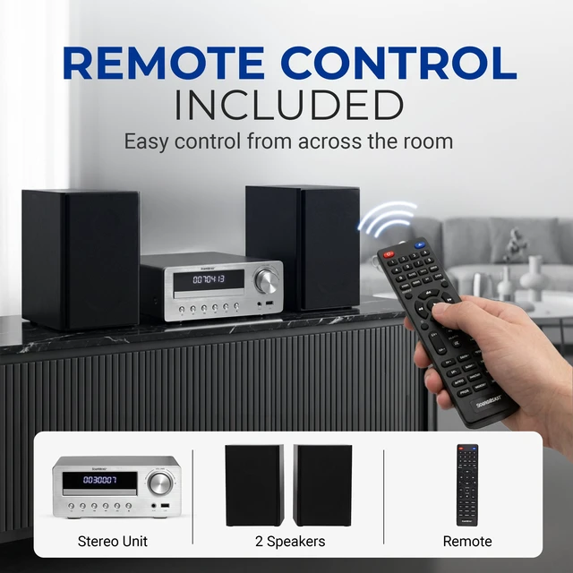 Alt view image 6 of 7 - SoundBeast CD Player Radio Stereo Shelf System with Two 30W Bookshelf Speakers | Bluetooth, Optical, & Aux Input | FM Radio | USB Playback | Alarm Clock | Remote Control