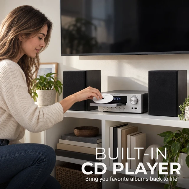 Alt view image 4 of 7 - SoundBeast CD Player Radio Stereo Shelf System with Two 30W Bookshelf Speakers | Bluetooth, Optical, & Aux Input | FM Radio | USB Playback | Alarm Clock | Remote Control
