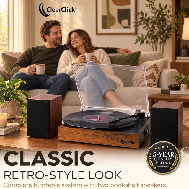 Alt view image 2 of 6 - ClearClick Classic Retro Record Player (33/45 RPM) | 2 Bookshelf Speakers | Authentic Vintage/Retro Style | 2-Speed Record Player | Plays 33/45 RPM Records | 2 Bookshelf Speakers Included (Wired)