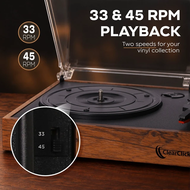 Alt view image 3 of 6 - ClearClick Classic Retro Record Player (33/45 RPM) | 2 Bookshelf Speakers | Authentic Vintage/Retro Style | 2-Speed Record Player | Plays 33/45 RPM Records | 2 Bookshelf Speakers Included (Wired)