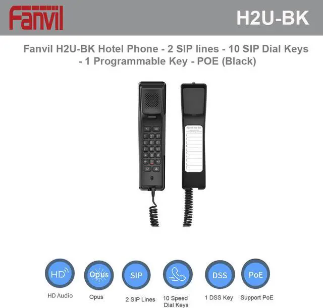 Alt view image 2 of 2 - Fanvil H2U-BK Hotel Phone - 2 SIP lines - 10 SIP Dial Keys - 1 Programmable Key - POE (Black)