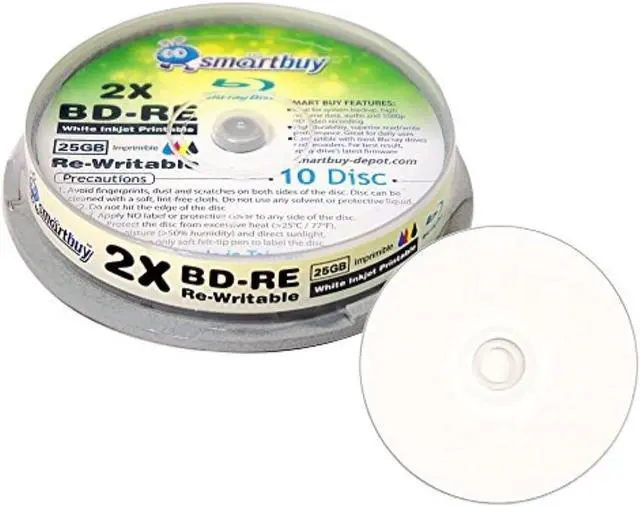 Alt view image 2 of 3 - 10 Pack Smartbuy 2x 25GB Blue Blu-ray BD-RE Rewritable White Inkjet Hub Printable Blank Bluray Disc