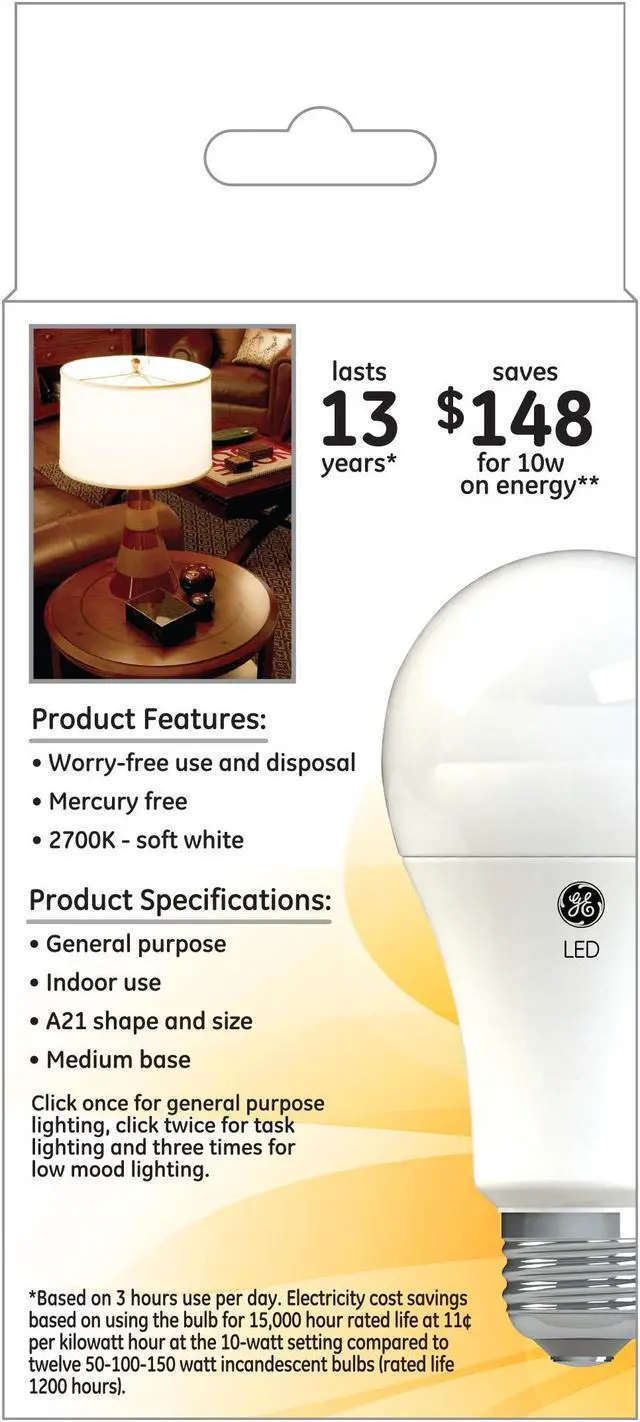 Alt view image 2 of 2 - GE soft white LED 3-WAY A21 50 watt 100 watt 150 watt equivalent LED light bulb